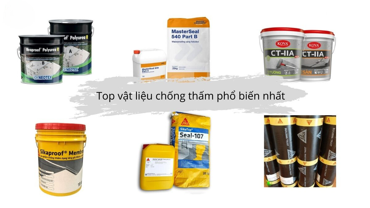Hình ảnh các vật liệu chống thấm phổ biến như màng Bitum, sơn chống thấm Polyurethane và màng chống thấm HDPE được sắp xếp gọn gàng trên nền tầng hầm. Mỗi vật liệu có nhãn hiệu rõ ràng hoặc biểu tượng giải thích tính năng nổi bật của nó