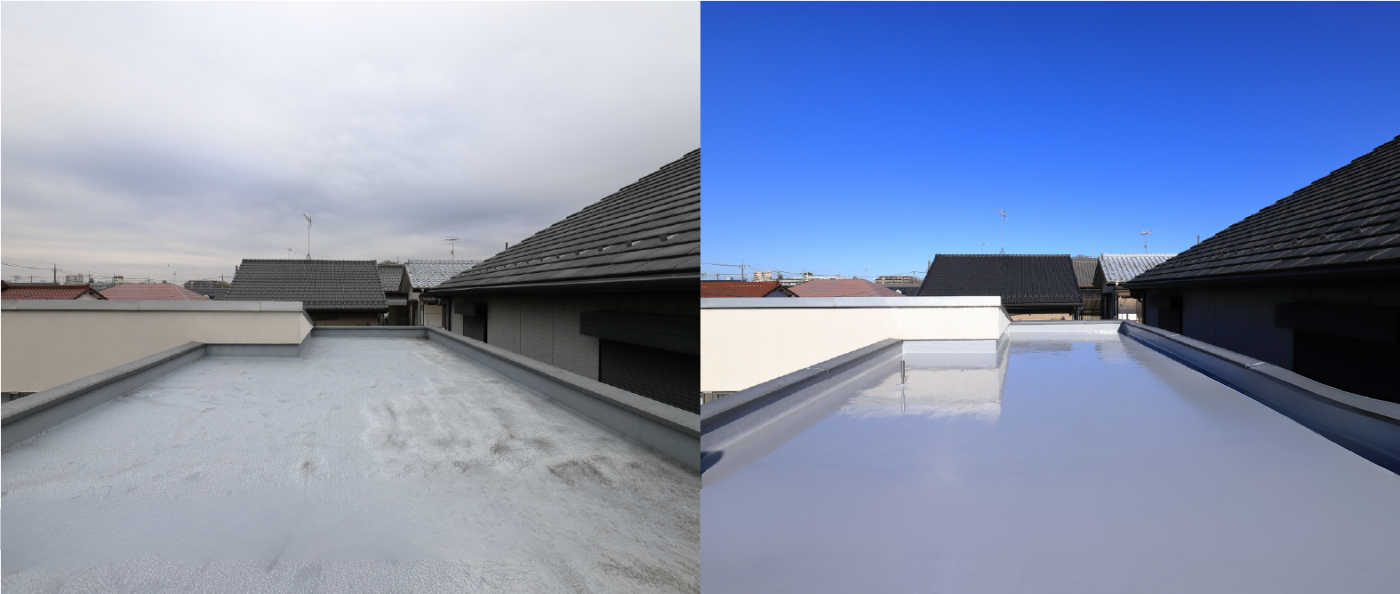 Bức ảnh chia đôi, bên trái là hình ảnh mái nhà bị thấm nước, bong tróc và ẩm mốc; bên phải là hình ảnh mái nhà đã được thi công chống thấm hoàn thiện, sạch sẽ, và không còn dấu hiệu thấm dột.