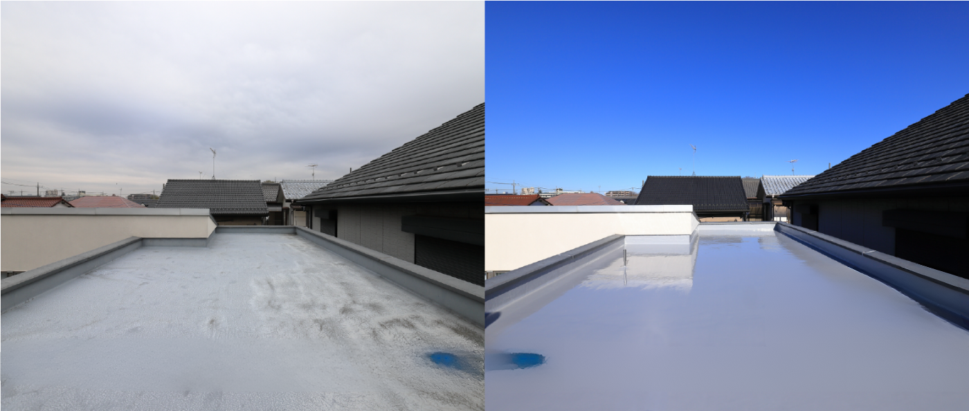Một bức ảnh chia đôi, bên trái là hình ảnh mái nhà bị thấm nước, với các vết nứt và bong tróc rõ ràng; bên phải là hình ảnh mái nhà sau khi đã được thi công chống thấm, trông sạch sẽ, khô ráo và chắc chắn.