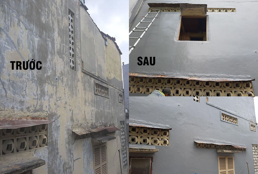 So sánh tường bị thấm dột với tường sạch sẽ sau khi chống thấm.