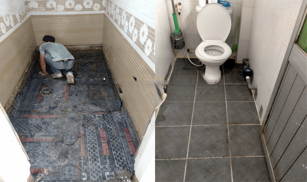 Sàn nhà vệ sinh sạch sẽ, lát gạch mới, không có dấu hiệu thấm nước sau khi đã được thi công chống thấm.