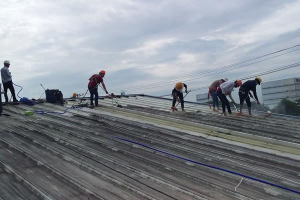 Ảnh kiểm tra và vệ sinh mái tôn nhà xưởng: Công nhân đang làm sạch mái tôn nhà xưởng bằng dụng cụ chuyên dụng, loại bỏ rêu mốc và bụi bẩn.